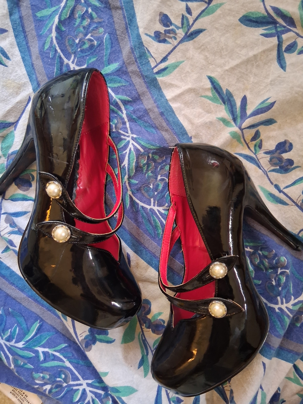 Black Patent Pearl-Strap Stilletto Heels